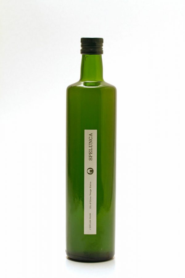 Botella de 0,75 L etiqueta blanca. Aceite de Oliva Virgen Extra Spelunca 100% arbequina