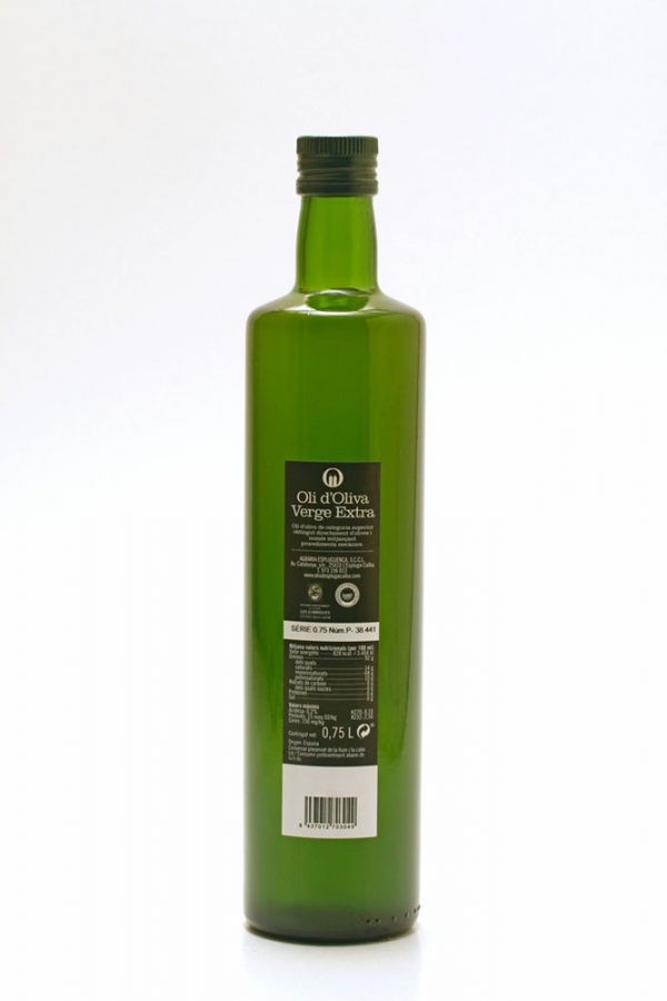 Botella de 0,75 L etiqueta negra. Aceite de Oliva Virgen Extra Spelunca 100% arbequina