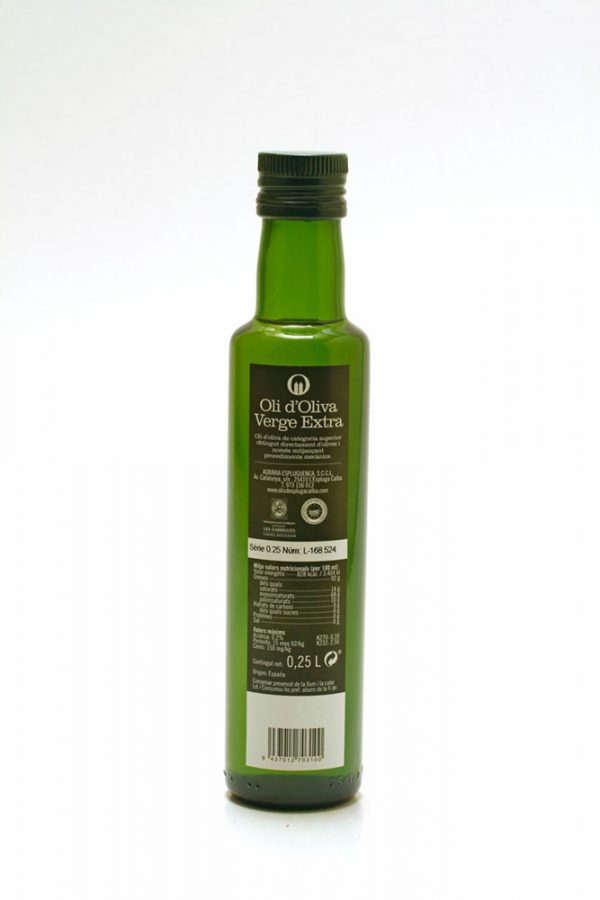 Botella de 0,25 L etiqueta negra. Oli d'Oliva Verge Extra Spelunca 100% arbequina