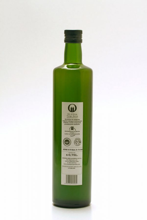 Botella de 0,75 L etiqueta blanca. Oli d'Oliva Verge Extra Spelunca 100% arbequina